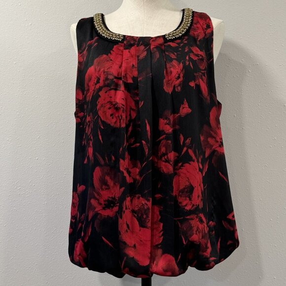 AGB Womens Tunic Top Red Black Sleeveless Rhinestone Beads Detail Keyhole Sz XL - Picture 1 of 12